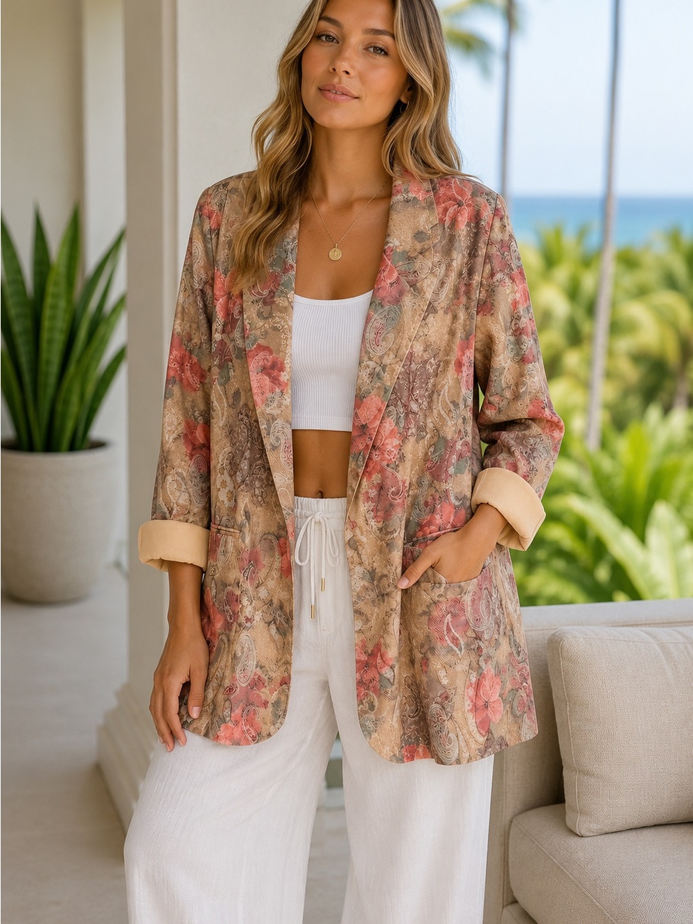 Vintage Multicolor Floral Tapestry Summer Glam Blazer Jacket M Boho Retro Chic